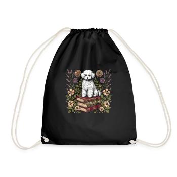 Bichon Frize Flower Book Reader Floralcottagecore - Drawstring Bag - black - Front