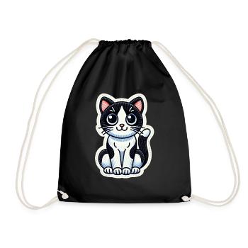 Cute Black & White Cat is sitting nicely / Patch - Drawstring Bag - black - Front