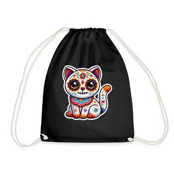 Cute Mexican Sugar Skull Cat in Halloween costume - Drawstring Bag - black - Front