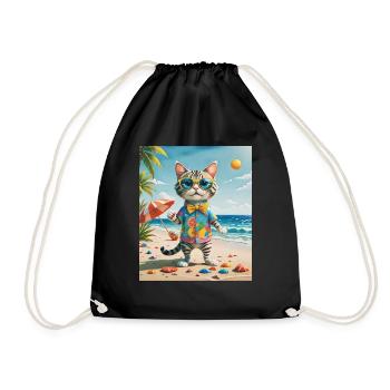 Beach Fun Cat Illustration Beachside Fun Cat - Drawstring Bag - black - Front