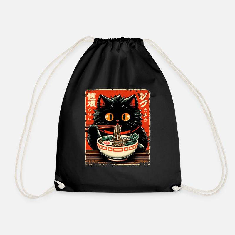 Cat Ramen Noodle Anime Japanese Cat Kitten - Drawstring Bag - black