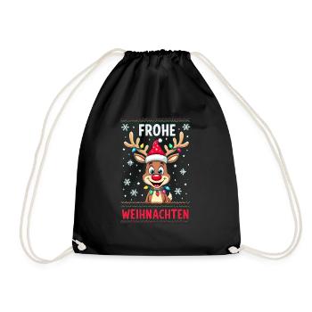 Lustiges Weihnachtsrentier – Frohes Fest - Turnbeutel - Schwarz - Vorne