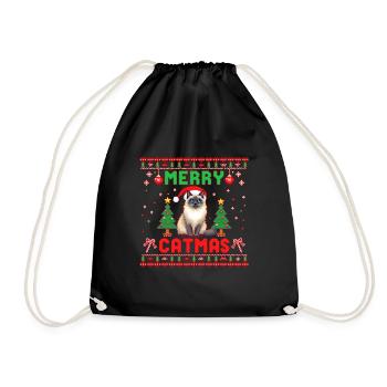 Merry Catmas – Katze mit Weihnachtsmütze - Turnbeutel - Schwarz - Vorne