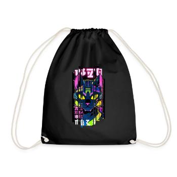 Ver.1 - Cyborg Cat Neon Kanji - Drawstring Bag - black - Front