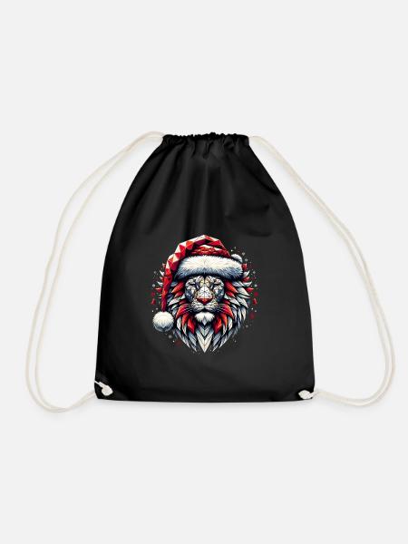 Art Polygonal - Tête de Lion Lion avec Chapeau de Père Noël - Sac de sport léger - noir