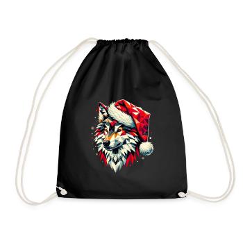 Polygon Art Wolf Wearing Santa Hat Original - Drawstring Bag - black - Front