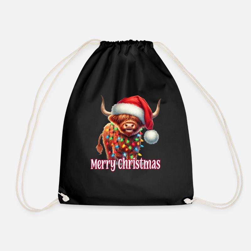 Highland Cattle with Christmas Hat Merry Christmas - Drawstring Bag - black