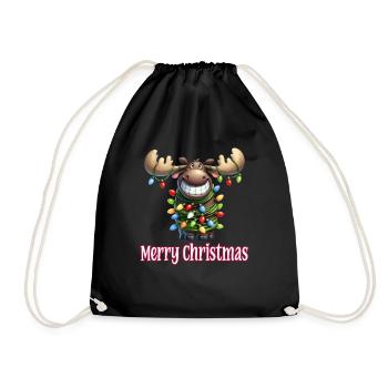 Grinning Moose with Fairy Lights Merry Christmas - Drawstring Bag - black - Front