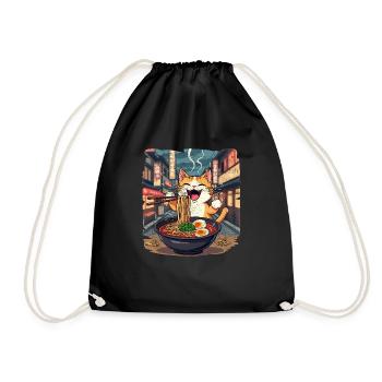 Cat and Ramen, Digital Art Cat - Drawstring Bag - black - Front