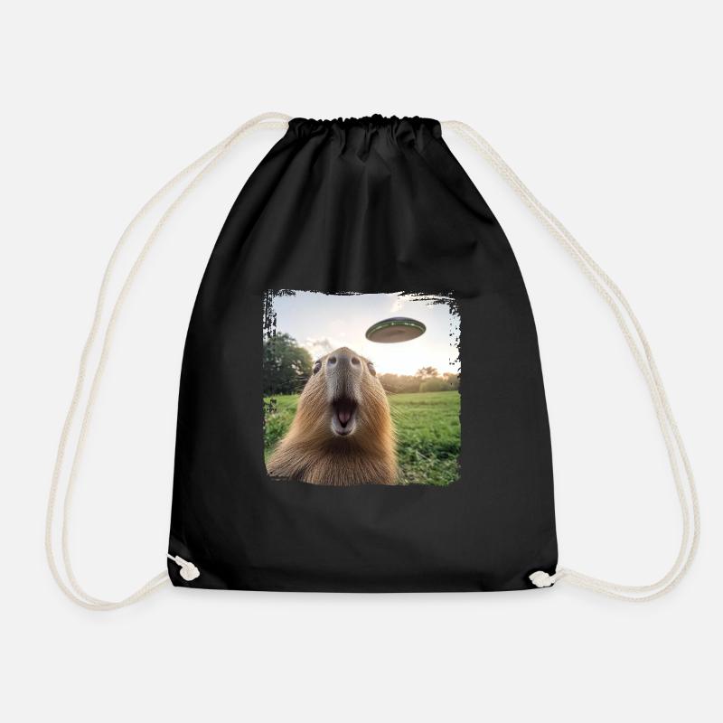 Funny Capybara Selfie Ufo Meme Gift - Drawstring Bag - black