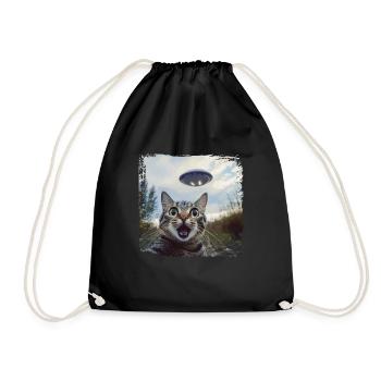 Funny Cat Selfie Ufo Meme Gift - Drawstring Bag - black - Front
