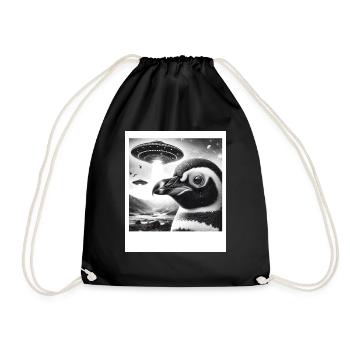 Penguin Sci-Fi Funny Graphic Selfie with UFOs Weir - Drawstring Bag - black - Front