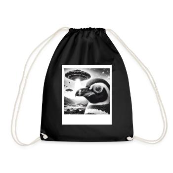 Penguin Sci-Fi Funny Graphic Selfie with UFOs Weir - Drawstring Bag - black - Front