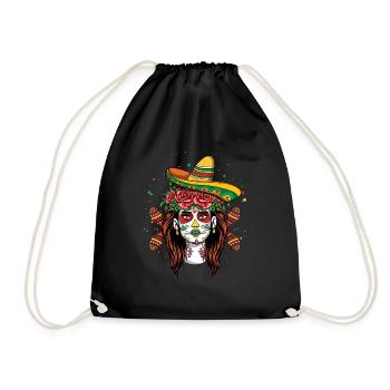 Bunte Catrina Mit Sombrero Und Blumen - Turnbeutel - Schwarz - Vorne
