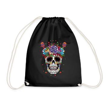 Colorful skull art with flowers - Drawstring Bag - black - Front