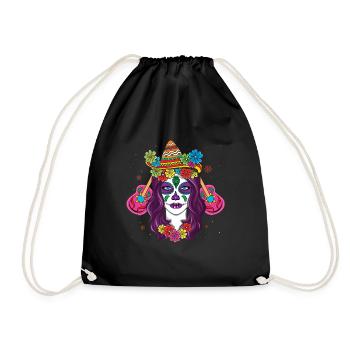 Colorful Calavera with Flowers and Sombrero - Drawstring Bag - black - Front