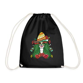Colorful Calavera with Sombrero and Flowers - Drawstring Bag - black - Front