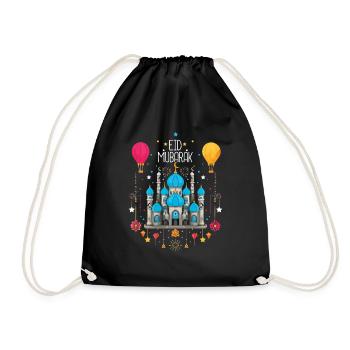 Eid Mubarak Solemn Mosque and Hot Air Balloons - Drawstring Bag - black - Front