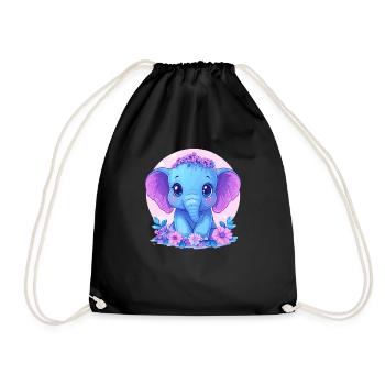 Blue Baby Elephant with Flowers - Drawstring Bag - black - Front