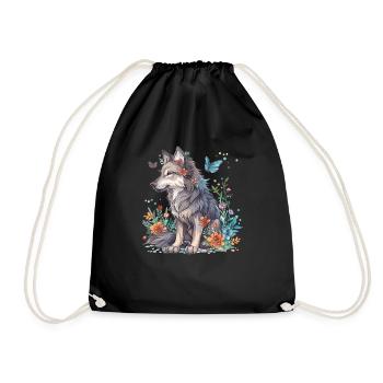 Wolf with flowers and butterflies - Drawstring Bag - black - Front