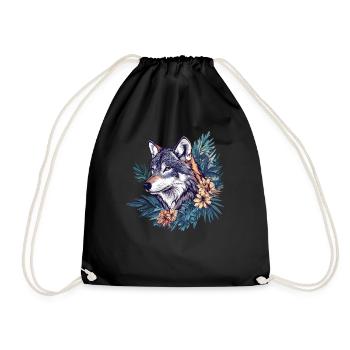Wild wolf with flowers - Drawstring Bag - black - Front