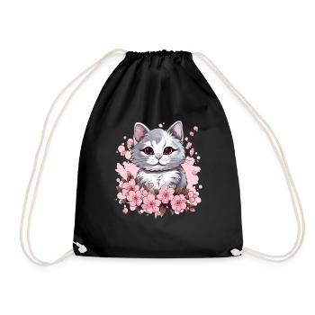 Katze mit Kirschblüten - Turnbeutel - Schwarz - Vorne