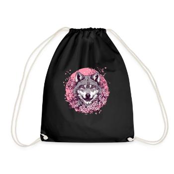 Wolf with cherry blossoms - Drawstring Bag - black - Front