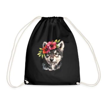 Husky mit Hibiskus - Turnbeutel - Schwarz - Vorne