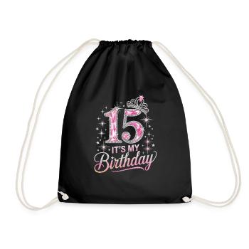 15th Birthday Crown Star Glitter Design - Drawstring Bag - black - Front