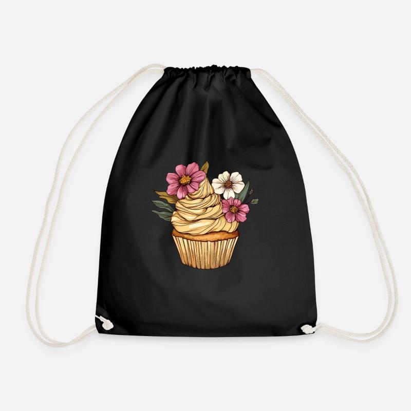 Cupcake mit Blütendekor - Turnbeutel - Schwarz