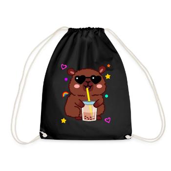 Kawaii Capybara with Bubble Tea Sunglasses - Drawstring Bag - black - Front