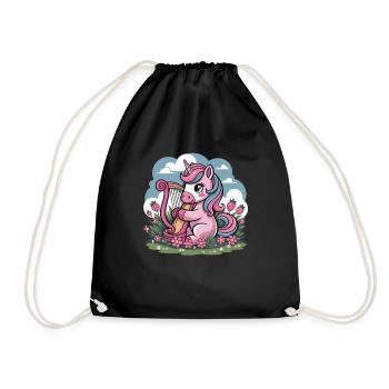 Einhorn Mit Harfe Und Erdbeeren Im Blumenfeld - Turnbeutel - Schwarz - Vorne