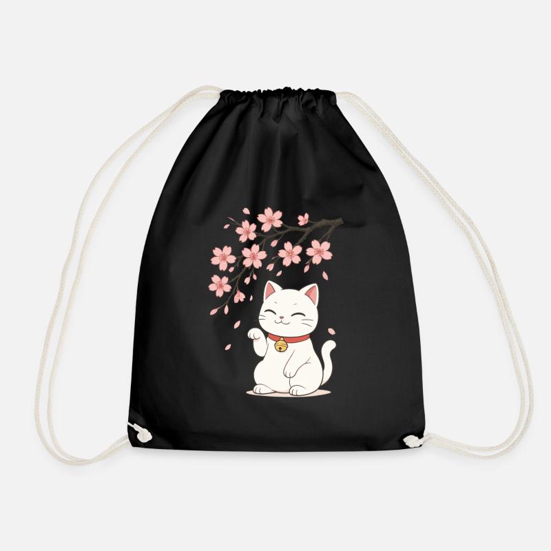 Maneki Neko Katze Glücksbringer Kirschblüten Ast - Turnbeutel - Schwarz