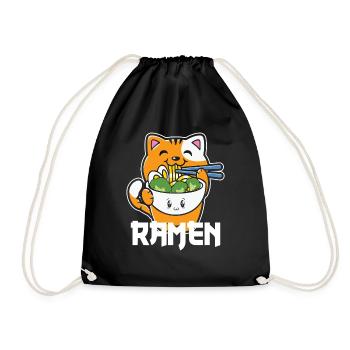 Ramen Cat Cute Kawaii Illustration - Drawstring Bag - black - Front