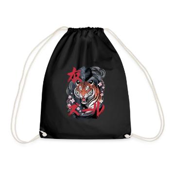 Tiger with cherry blossoms and Japanese - Drawstring Bag - black - Front
