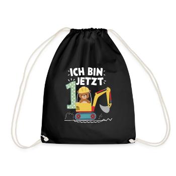 Ich bin jetzt 1 Bagger Bär 1. Geburtstag - Turnbeutel - Schwarz - Vorne