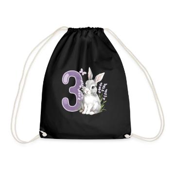3. Geburtstag 3 Jahre Hase Häschen Lavendel Lila - Turnbeutel - Schwarz - Vorne