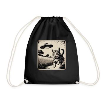 Cat and UFO Adventure Drawing - Drawstring Bag - black - Front