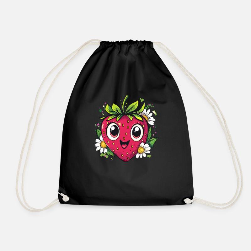 Erdbeere mit Gänseblümchen - Turnbeutel - Schwarz