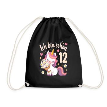 Cute Unicorn 12th Birthday for Girls - Drawstring Bag - black - Front