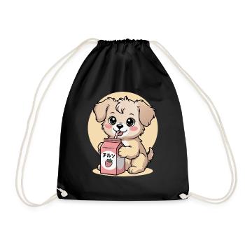 Kawaii Hund Trinkt Erdbeermilch Niedlich Japanisch - Turnbeutel - Schwarz - Vorne