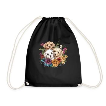 Puppies in a sea of flowers - Drawstring Bag - black - Front