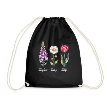 Drei Lieblingsblumen - Foxglove, Daisy, Tulip - Turnbeutel - Schwarz - Vorne