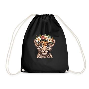 Baby leopard with flower wreath - Drawstring Bag - black - Front