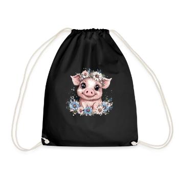 Schwein mit Blumenkranz - Turnbeutel - Schwarz - Vorne