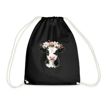 Flower cow with wreath - Drawstring Bag - black - Front