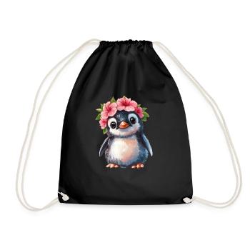Pinguin mit Blütenkranz - Turnbeutel - Schwarz - Vorne