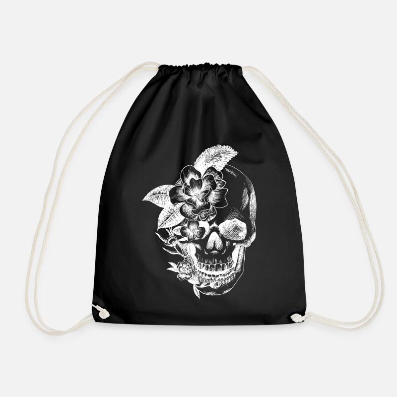 skull and flowers - Drawstring Bag - black
