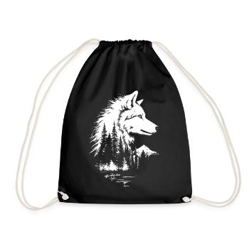 Wolf face forest silhouette in black and white style - Drawstring Bag - black - Front
