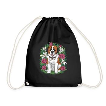 Bernhardiner Cartoon Hund mit Rosen und Lillien - Turnbeutel - Schwarz - Vorne